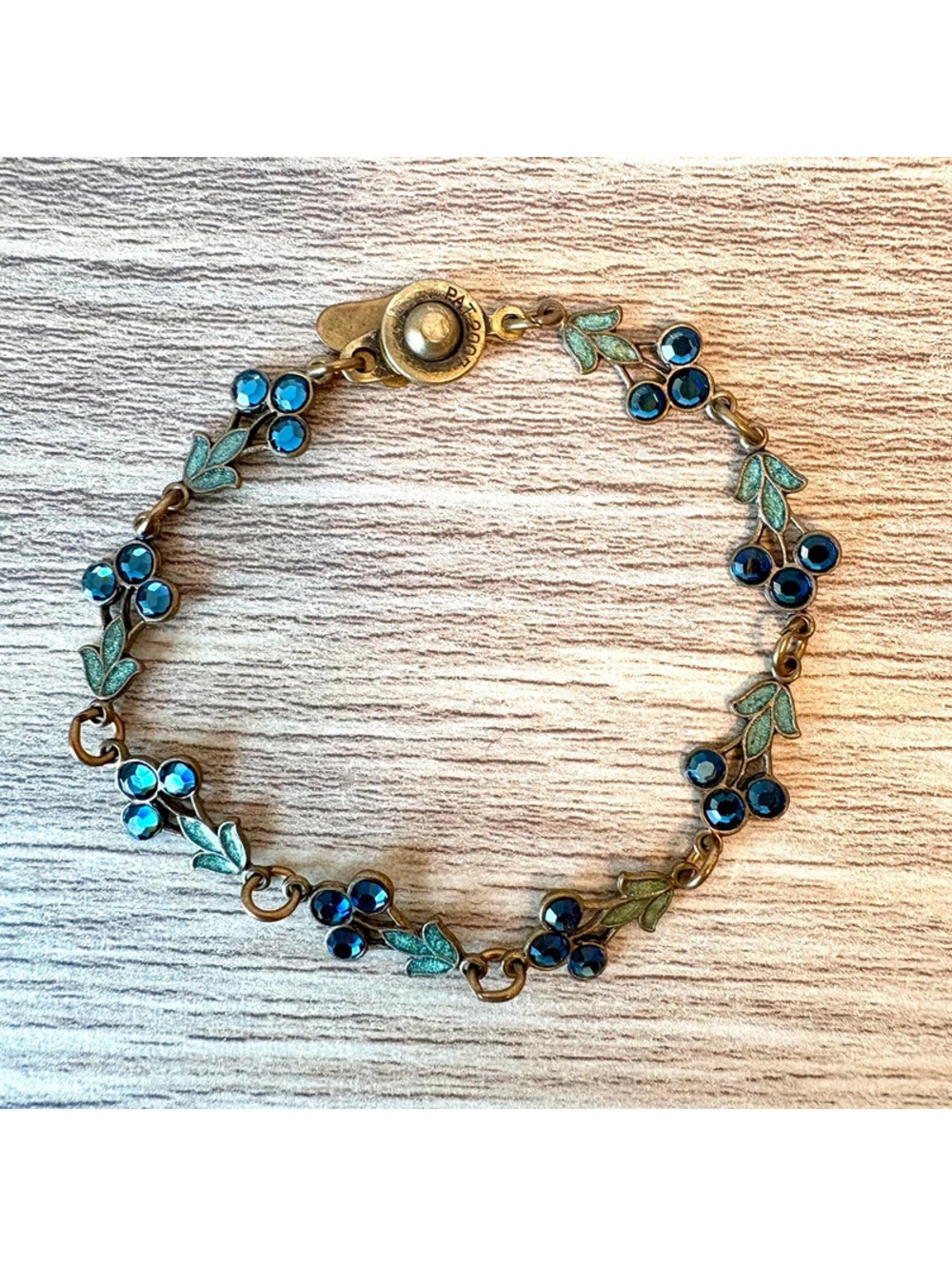 Vintage Glass Works Studio Bracelet Blue Crystal Berries Enamel Leaf Brass 7.25”